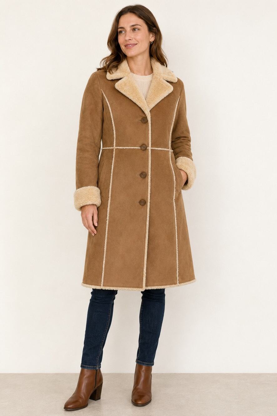 Ann Taylor Faux Suede Shearling Long Coat Women’s XS Tan Y2K